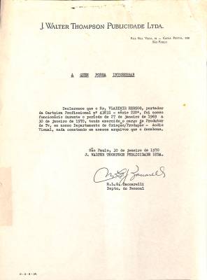 Declaração de serviços prestados na J. Walter Thompson, 1970